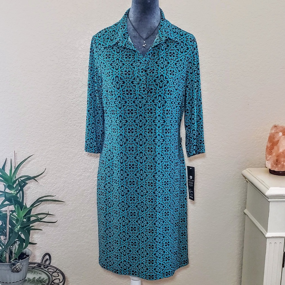 Mlle Gabrielle Black & Aqua Aztec Print Jersey Knit Belted Shift Dress - Size PL - Picture 2 of 10